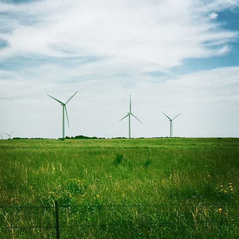 a field with large windmills